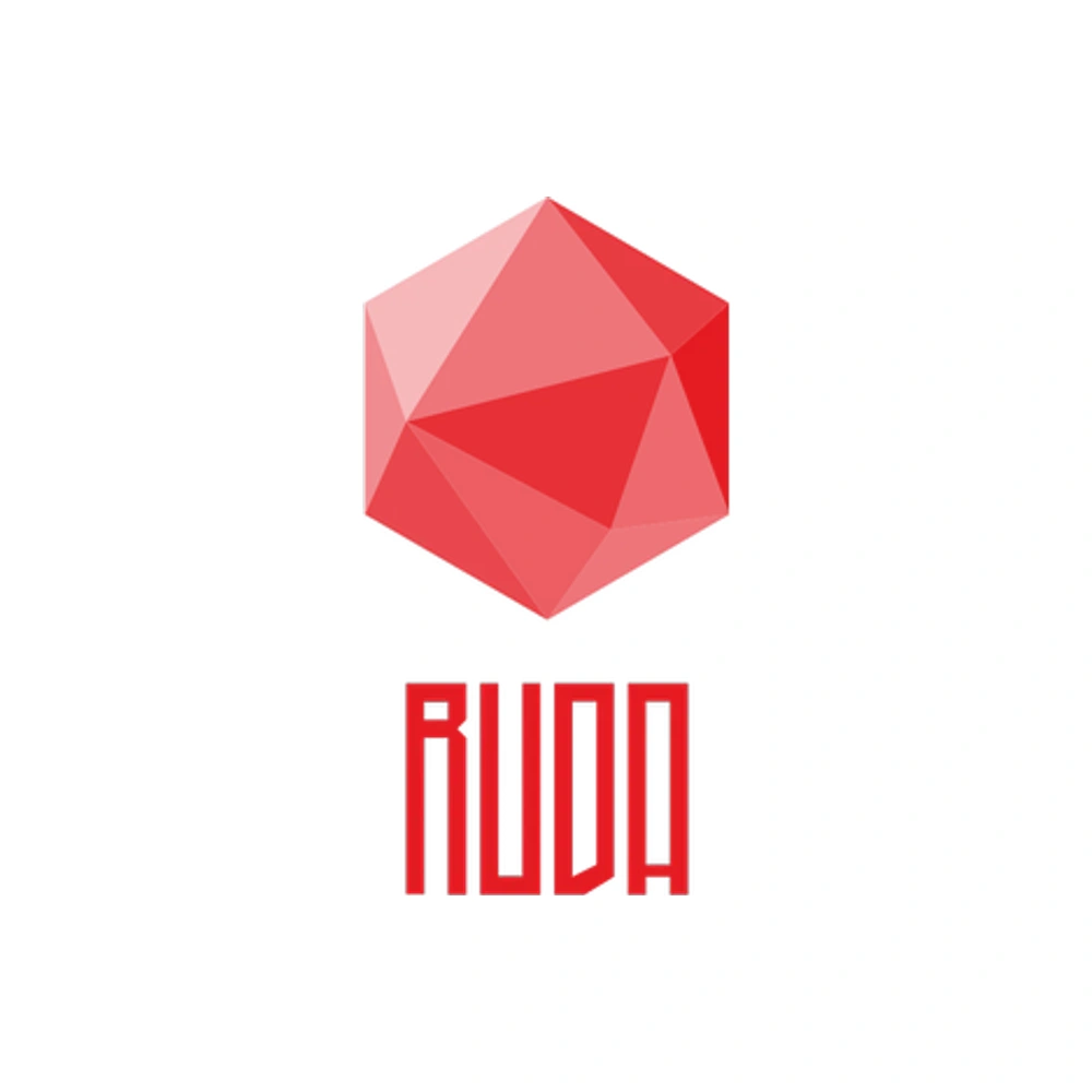 Логотип RUDA: красный шестигранник и фирменное начертание названия